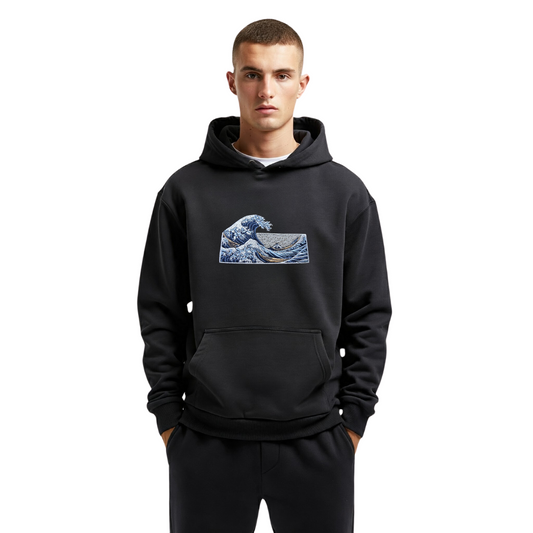 Great Ocean Wave Black Single Embroidery Hoodie