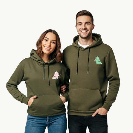 2-Pack Olive Green Cute Dino Couple Hoodies