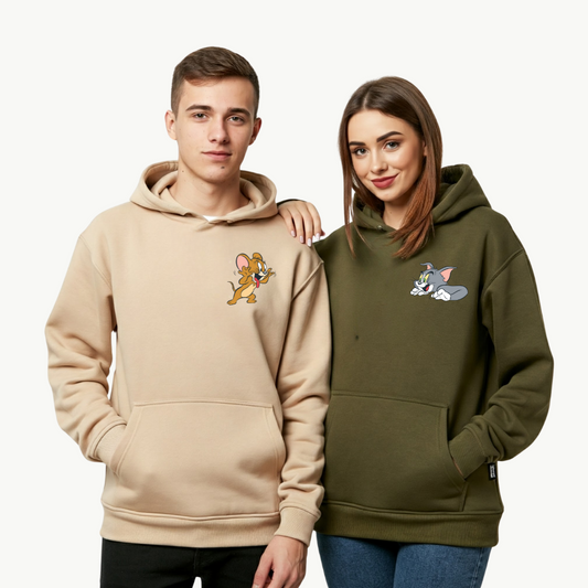 2 Pack : Mocking Jerry & Scaring Tom Olive Green & Beige Couple Hoodies