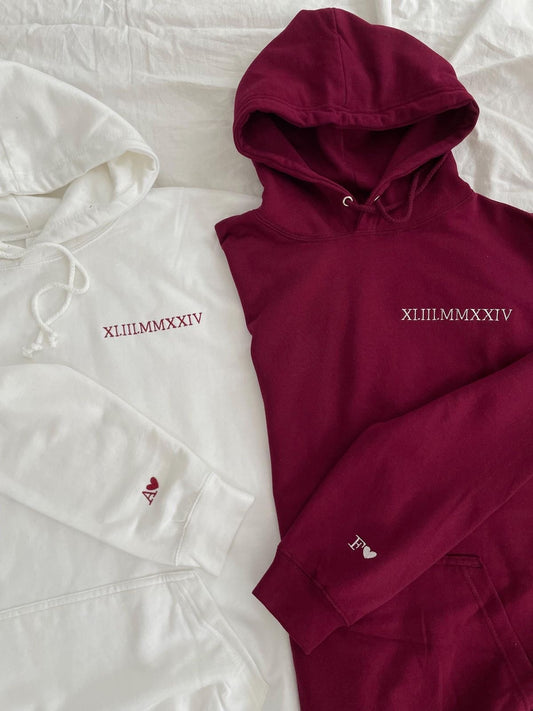 2-Pack: Custom Roman Dates & Initials Embroidery Couple Hoodies