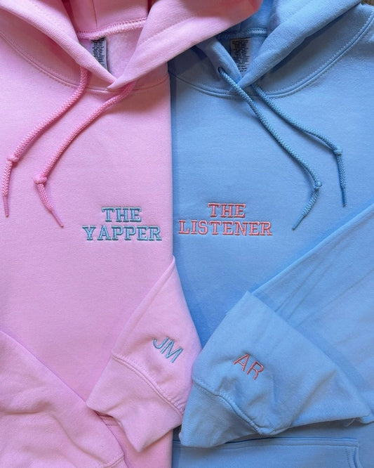2-Pack: The Yapper & The Listener Custom Sleeve Embroidery Couple Hoodies