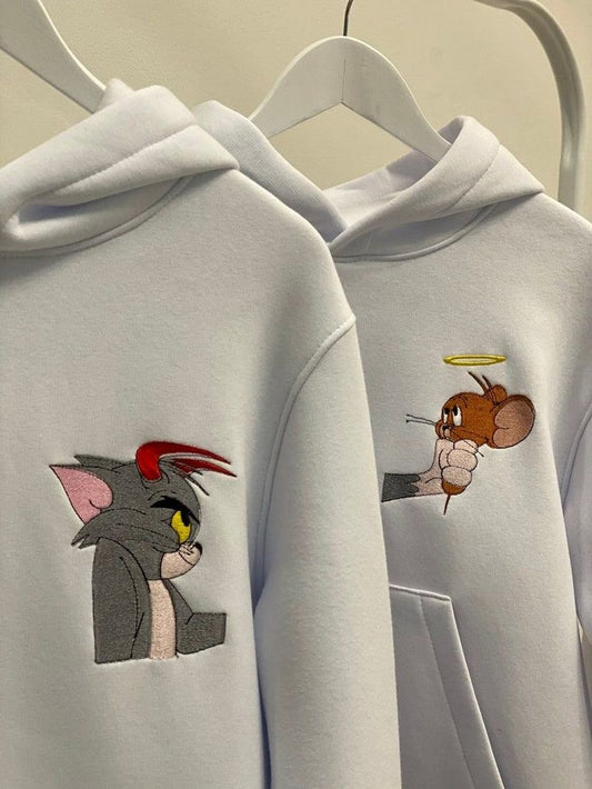 2-Pack: Devil Tom and Angel Jerry White Embroidery Couple Hoodies