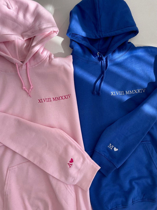 2-Pack: Custom Roman Dates & Initials Embroidery Couple Hoodies