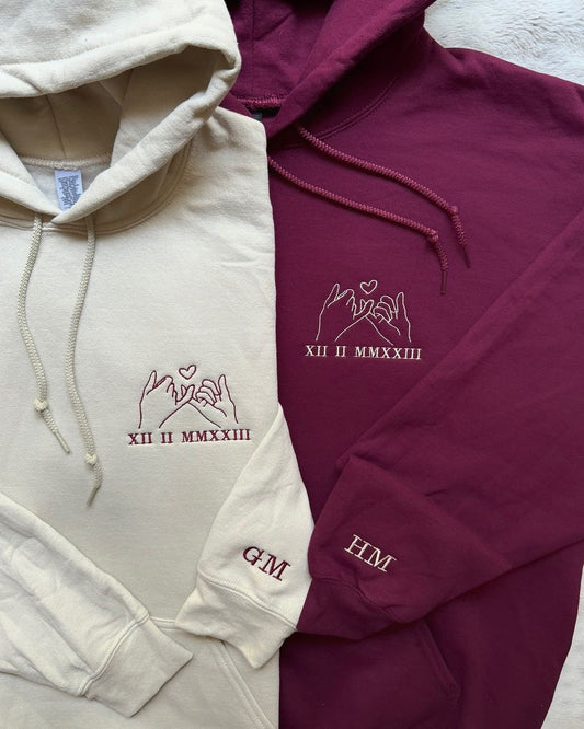 2-Pack: Pinky Promise with Custom Date and Initial Embroidery Couple Hoodies