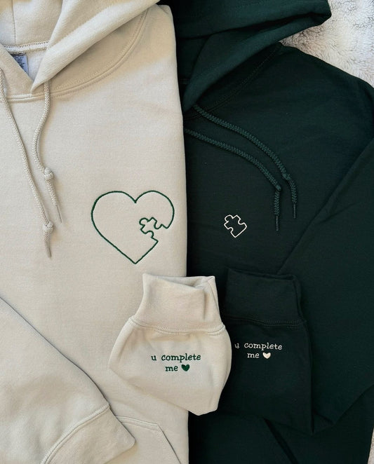 2-Pack: Puzzled Heart Custom Sleeve Embroidery Couple Hoodies
