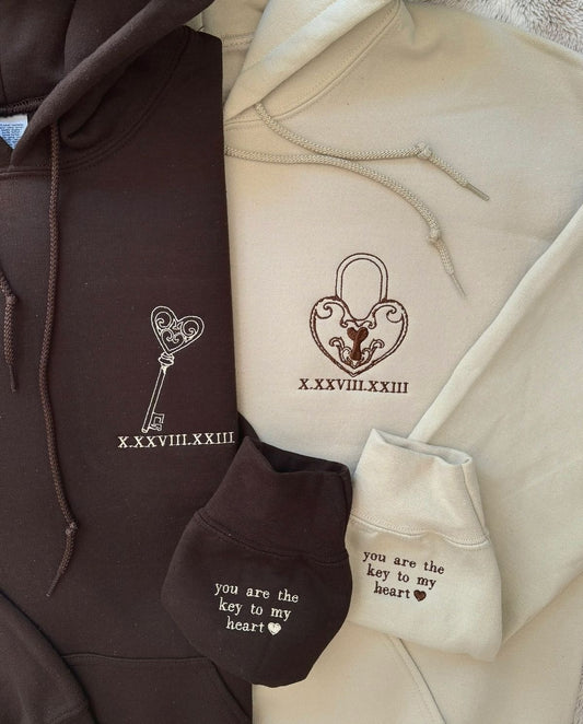 2-Pack: Lock & Key with Custom Date and Sleeve Embroidery Couple Hoodies