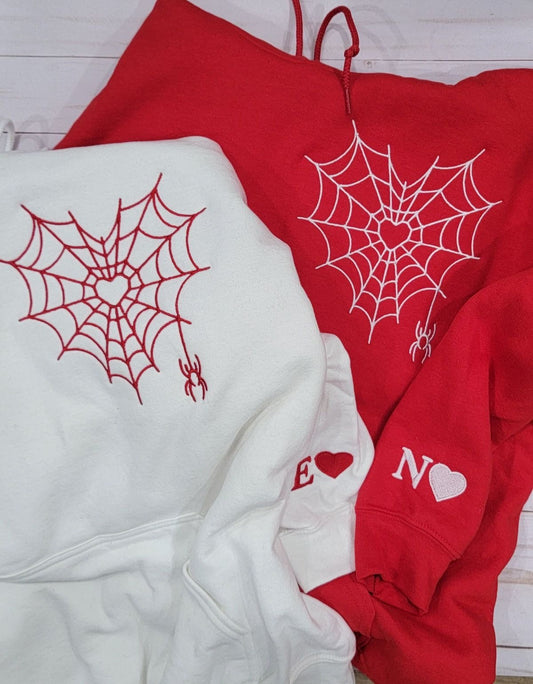 2-Pack: Spider-Web Heart with Custom Sleeves Embroidery Couple Hoodies