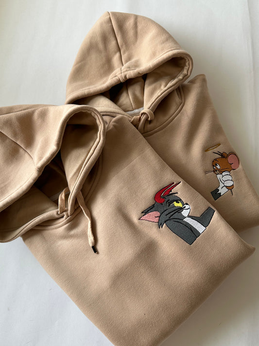 2-Pack: Devil Tom and Angel Jerry Beige Embroidery Couple Hoodies