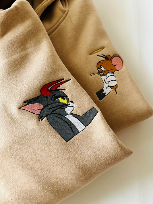 2-Pack: Devil Tom and Angel Jerry Beige Embroidery Couple Hoodies