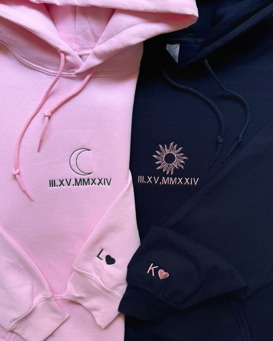 2 Pack : Sun and Moon Custom Date & Initials Embroidery Couple Hoodies