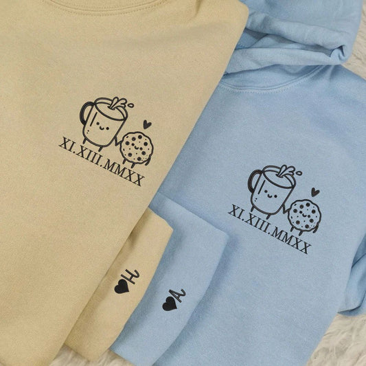 2-Pack: Cookie with Custom Date and Initial Embroidery Couple Hoodies