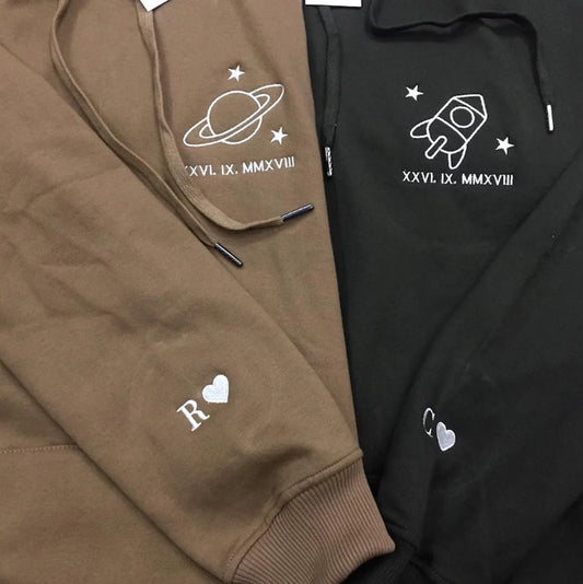2 Pack : Rocket & Saturn Custom Date & Initial Embroidery Couple Hoodies