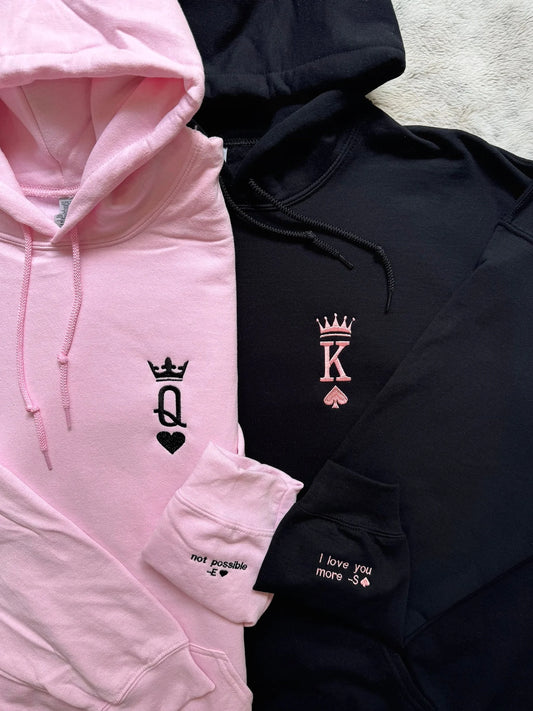 2-Pack: King and Queen Custom Sleeve Embroidery Couple Hoodies