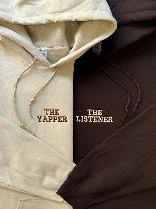 2-Pack: The Yapper & The Listener Custom Sleeve Embroidery Couple Hoodies