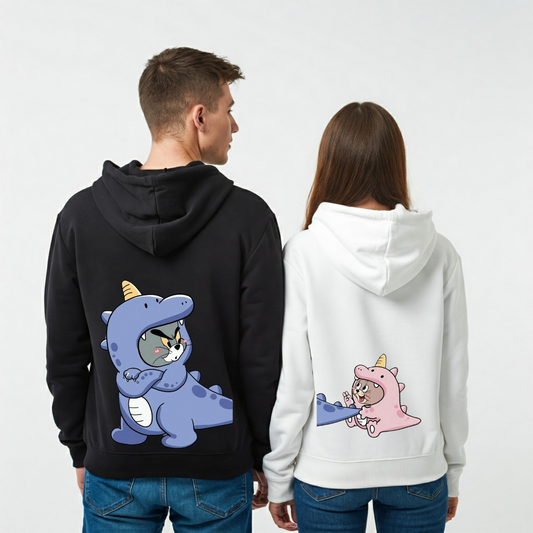 2 Pack : Angry Dino Tom & Happy Dino Jerry Black & White Couple Hoodie