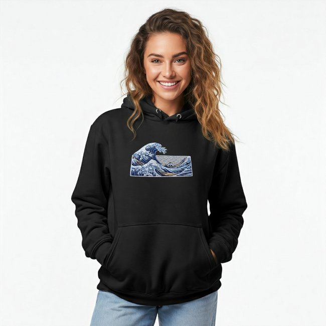 Great Ocean Wave Black Single Embroidery Hoodie Main Image