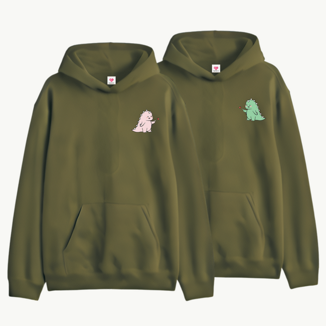 2-Pack Olive Green Cute Dino Couple Hoodies Main Image