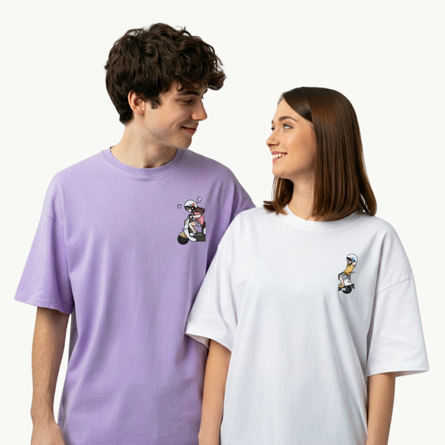 2 Pack : Vespa Ride Lilac and White Couple T-Shirt Hover Image