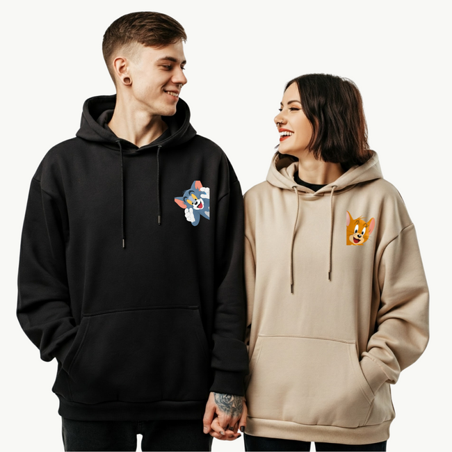 2 Pack : Tom & Jerry Peeping Black Beige Couple Hoodie Hover Image