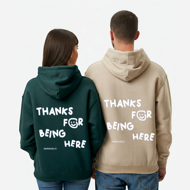 2 Pack : Thanks For Being Here Dark Green Beige Couple Hoodie Hover Image