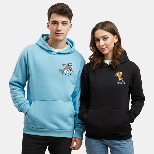 2 Pack : Mocking Jerry & Scarring Tom Custom Date & Initial Skyblue Black Couple Hoodie Hover Image