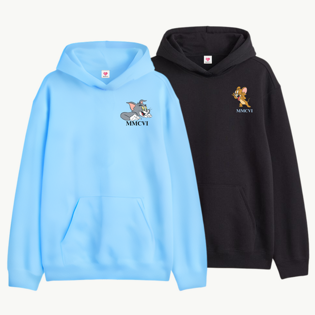 2 Pack : Mocking Jerry & Scarring Tom Custom Date & Initial Skyblue Black Couple Hoodie Main Image