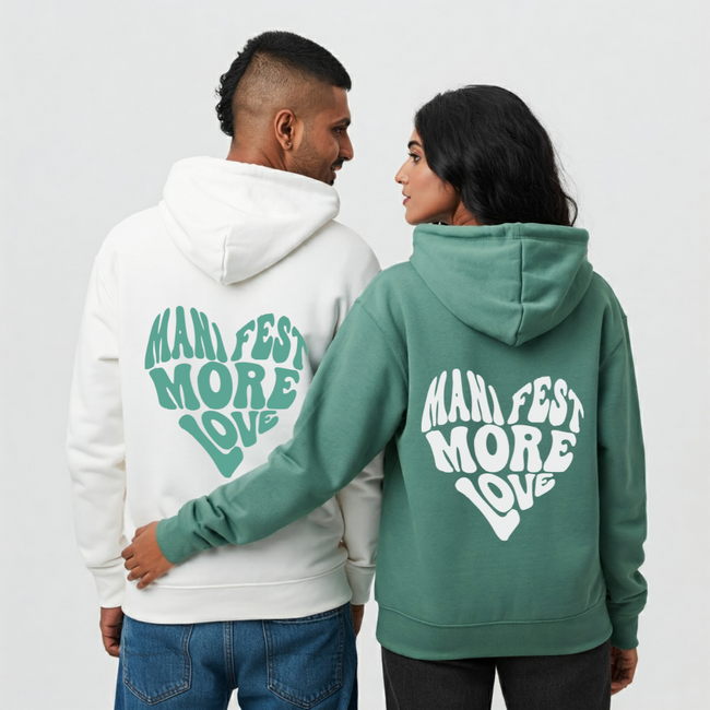2 Pack: Manifest More Love White and Sage Green Couple Hoodies Hover Image