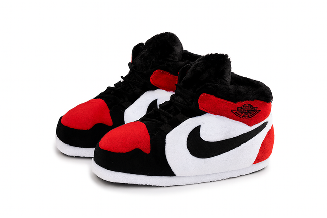 Red Black High Plush Sneakers- Soft & Stylish Indoor Slippers Hover Image