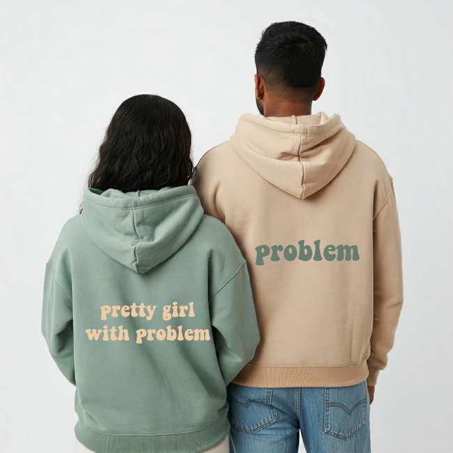 2-Pack Pretty Girl with Problem Sage Green and Beige Couple Hoodies Hover Image