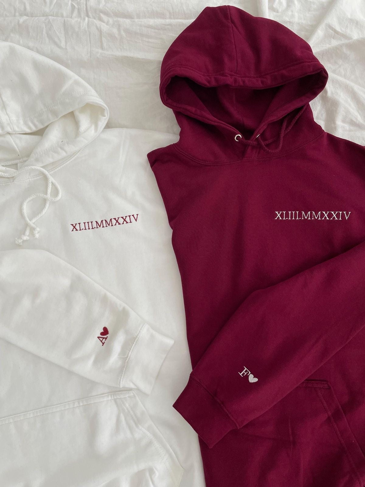2-Pack: Custom Roman Dates & Initials Embroidery Couple Hoodies