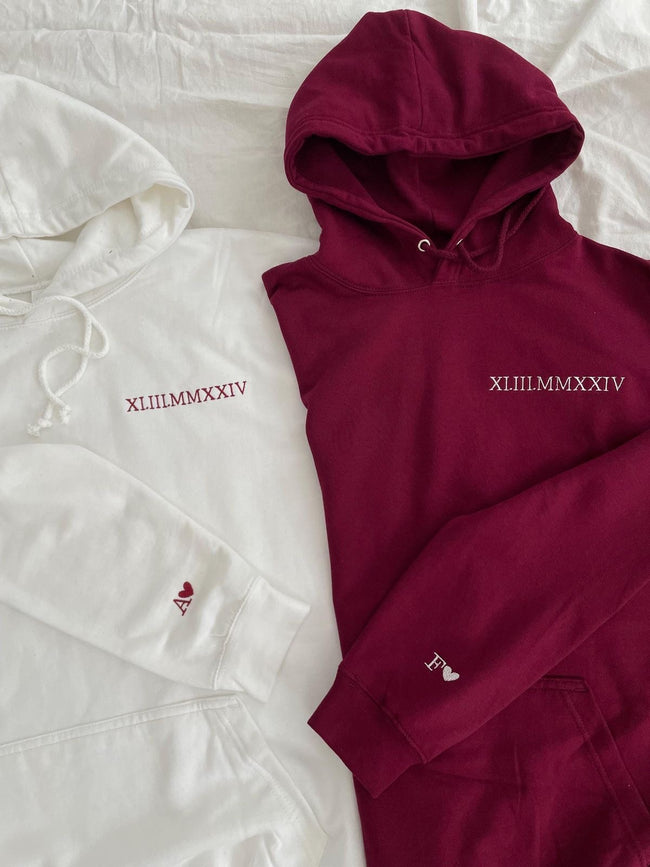 2-Pack: Custom Roman Dates & Initials Embroidery Couple Hoodies Main Image