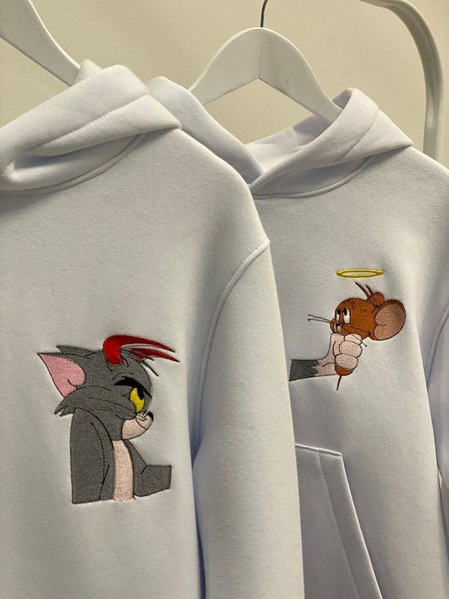 2-Pack: Devil Tom and Angel Jerry White Embroidery Couple Hoodies Hover Image