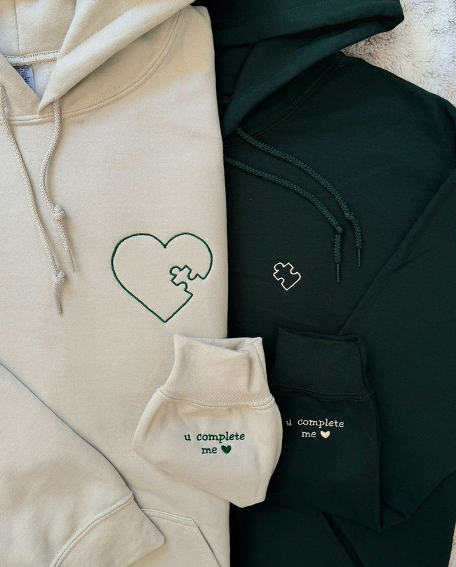 2-Pack: Puzzled Heart Embroidery Couple Hoodies Hover Image