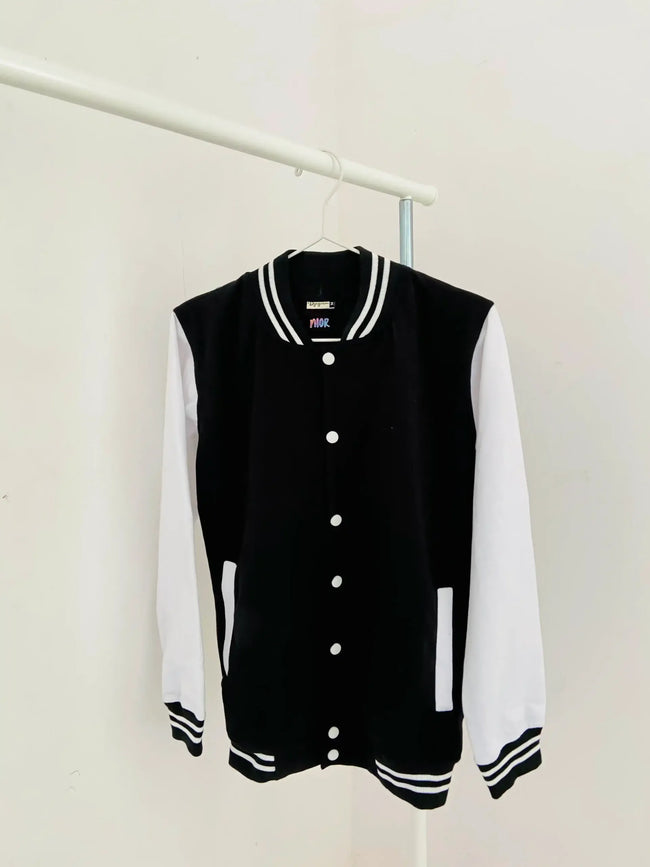 Plain Black Unisex Varsity Jacket Hover Image