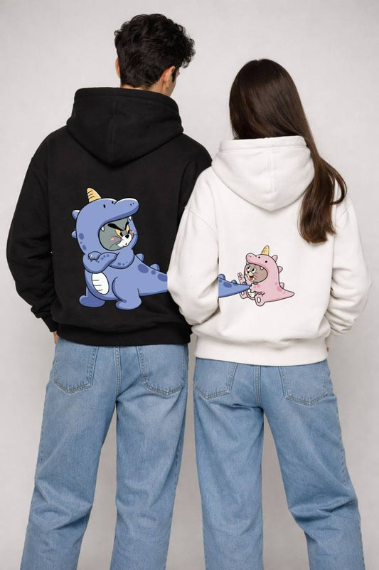 2 Pack : Angry Dino Tom & Happy Dino Jerry Black & White Couple Hoodie
