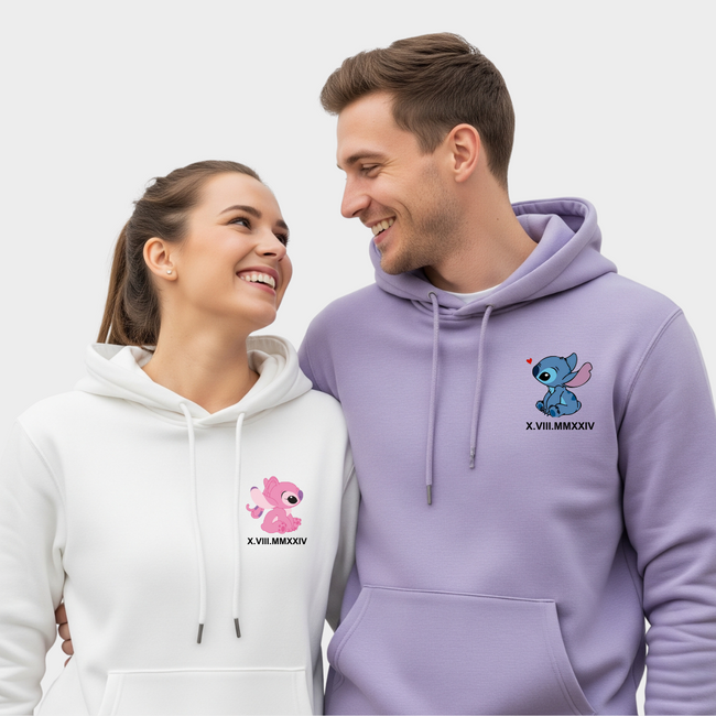 2 Pack: Custom Dates Angel and Stitch in Love Couple Hoodies Hover Image