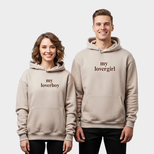 2 Pack : Beige loverboy and lovergirl Couple Hoodies