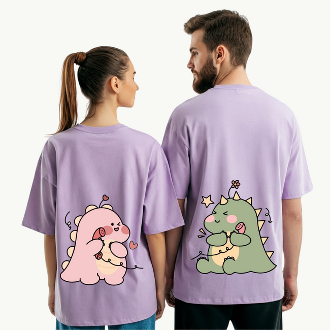 2 Pack : Cute Dino Blushing & Talking on Phone Couple T-Shirt Hover Image
