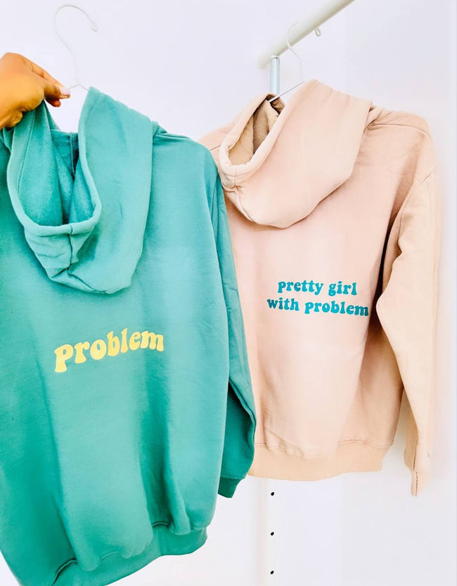 2-Pack Pretty Girl with Problem Sage Green and Beige Couple Hoodies Main Image