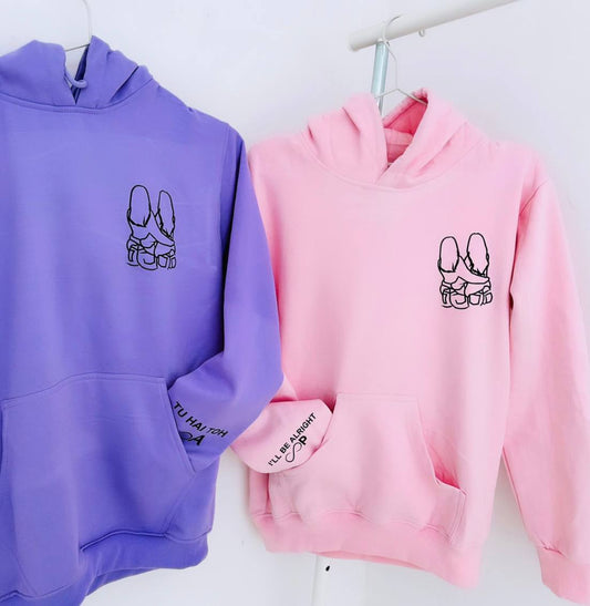 2 Pack : Girl Besties Hugging Lilac and Pink Line Art Hoodie