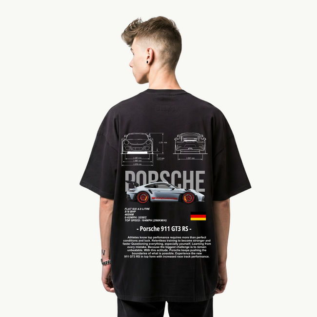 Porsche GT3-RS 911 Streetwear Printed Black T-Shirt Hover Image