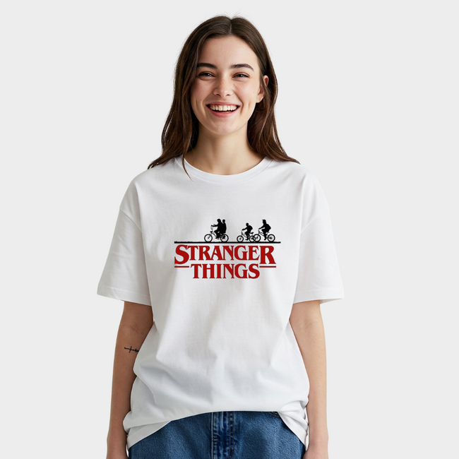 Stranger Things Riding Printed White T-Shirt Hover Image