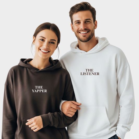 2 Pack : Brown and White Yapper and Listener Couple Hoodies